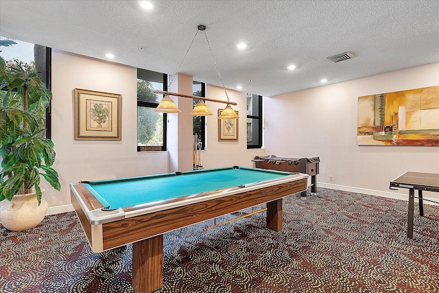 playroom featuring carpet flooring, pool table, baseboards, recessed lighting, and a textured ceiling