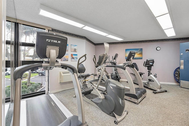 workout area featuring baseboards and a textured ceiling