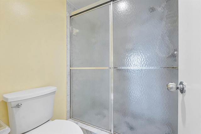bathroom with a stall shower and toilet