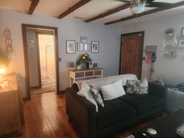 832 N D St, Lake Worth Beach, FL 33460 - living area featuring beam ceiling, light wood-type flooring, a ceiling fan, and baseboards