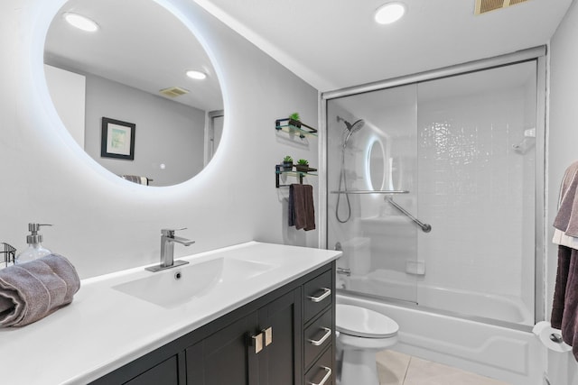 15365 Lakes Of Delray Blvd Unit 106, Delray Beach, FL 33484 - bathroom with vanity, toilet, tub / shower combination, tile patterned flooring, and recessed lighting