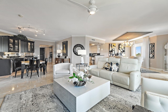 3610 Gardens Pkwy Unit 403A, Palm Beach Gardens, FL 33410 - living room with ornamental molding, a chandelier, a ceiling fan, and rail lighting