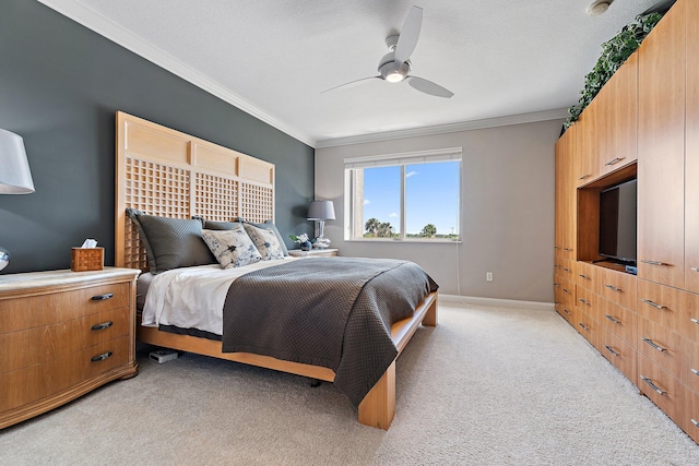 3610 Gardens Pkwy Unit 403A, Palm Beach Gardens, FL 33410 - bedroom with ornamental molding, light colored carpet, a ceiling fan, and baseboards