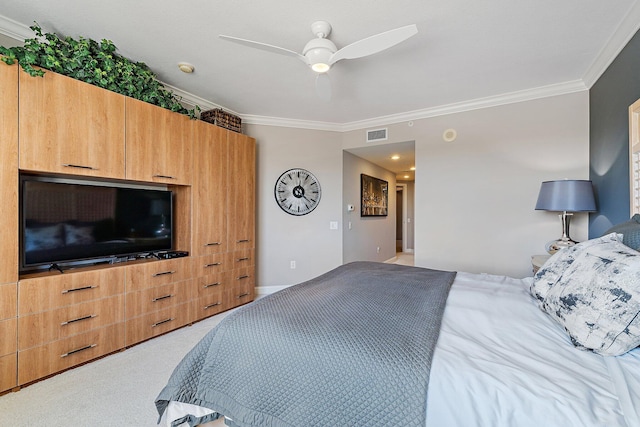 3610 Gardens Pkwy Unit 403A, Palm Beach Gardens, FL 33410 - bedroom with ornamental molding, light carpet, and ceiling fan