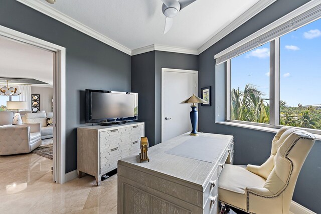 3610 Gardens Pkwy Unit 403A, Palm Beach Gardens, FL 33410 - office area with plenty of natural light, ceiling fan, ornamental molding, light marble finish floors, and baseboards