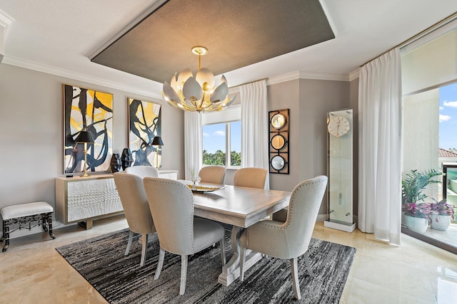 3610 Gardens Pkwy Unit 403A, Palm Beach Gardens, FL 33410 - dining room featuring a raised ceiling, a chandelier, and ornamental molding