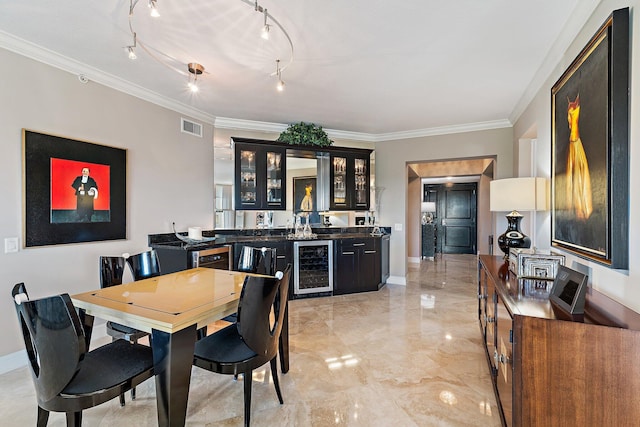3610 Gardens Pkwy Unit 403A, Palm Beach Gardens, FL 33410 - dining room featuring beverage cooler, wet bar, light marble finish flooring, ornamental molding, and baseboards