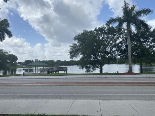 view of street with a water view and sidewalks