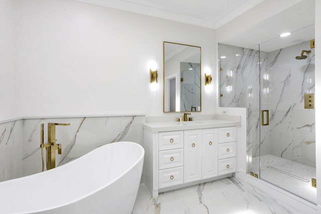 3333 Southern Cay Dr, Jupiter, FL 33477 - full bath with a marble finish shower, vanity, marble look tiles, a freestanding tub, and ornamental molding