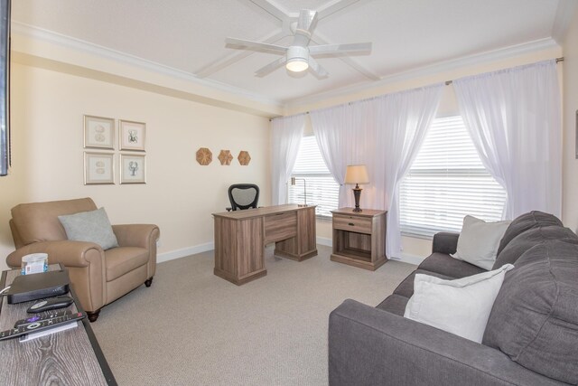 3230 S Ocean Blvd Unit D511, Palm Beach, FL 33480 - home office with a ceiling fan, ornamental molding, light carpet, and baseboards