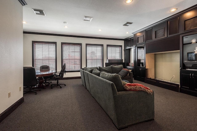 166 SW Peacock Blvd Unit 34-205, Port Saint Lucie, FL 34986 - living area with dark colored carpet, baseboards, a desk, crown molding, and recessed lighting