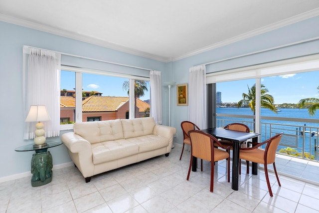 250 Bradley Pl Unit 408, Palm Beach, FL 33480 - dining area featuring a water view, ornamental molding, baseboards, and light tile patterned floors