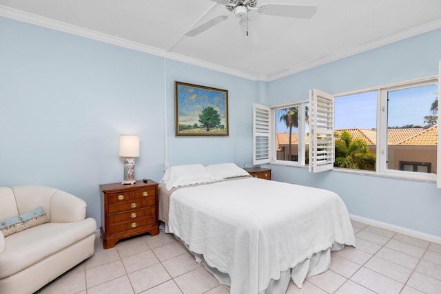 250 Bradley Pl Unit 408, Palm Beach, FL 33480 - bedroom featuring light tile patterned floors, ornamental molding, a ceiling fan, and baseboards