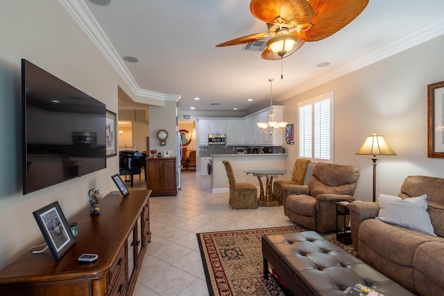 7897 Monarch Ct, Delray Beach, FL 33446 - living room featuring crown molding, light tile patterned floors, a chandelier, ceiling fan, and recessed lighting