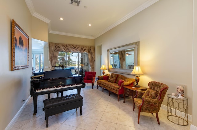 7897 Monarch Ct, Delray Beach, FL 33446 - living area with ornamental molding, light tile patterned flooring, baseboards, and recessed lighting