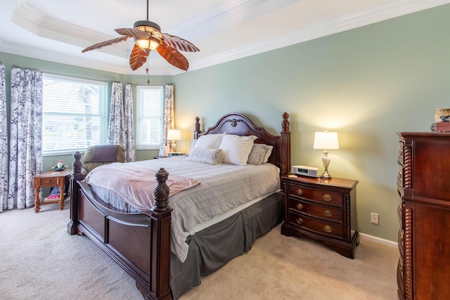 7897 Monarch Ct, Delray Beach, FL 33446 - bedroom featuring light colored carpet, crown molding, a ceiling fan, baseboards, and a raised ceiling