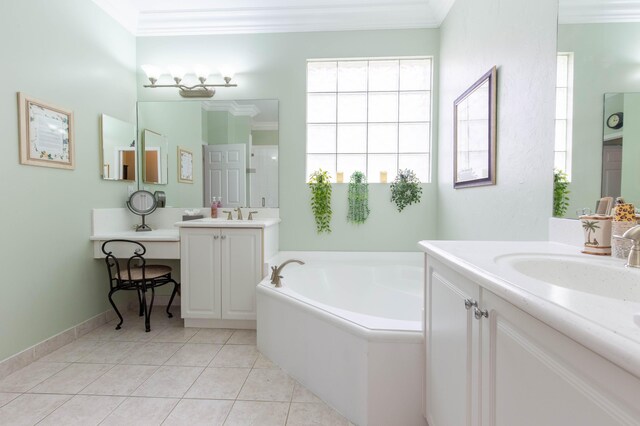 7897 Monarch Ct, Delray Beach, FL 33446 - full bath featuring ornamental molding, healthy amount of natural light, a garden tub, two vanities, and tile patterned floors
