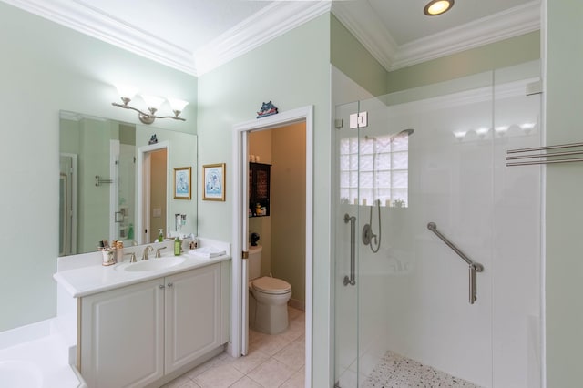7897 Monarch Ct, Delray Beach, FL 33446 - full bath with a shower stall, crown molding, toilet, vanity, and tile patterned floors