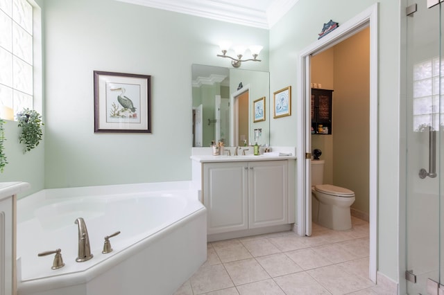 7897 Monarch Ct, Delray Beach, FL 33446 - full bathroom with ornamental molding, a bath, tile patterned floors, vanity, and toilet