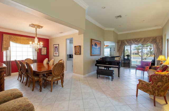 7897 Monarch Ct, Delray Beach, FL 33446 - dining room featuring a chandelier, ornamental molding, light tile patterned flooring, and baseboards