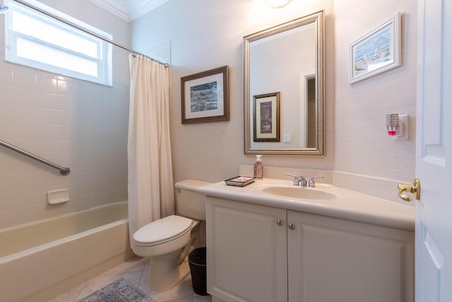 7897 Monarch Ct, Delray Beach, FL 33446 - bathroom with toilet, vanity, shower / bathtub combination with curtain, tile patterned floors, and crown molding