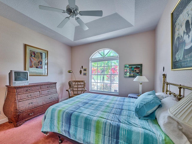 5455 S Fountains Dr S, Lake Worth, FL 33467 - bedroom with carpet floors, a tray ceiling, a ceiling fan, and baseboards
