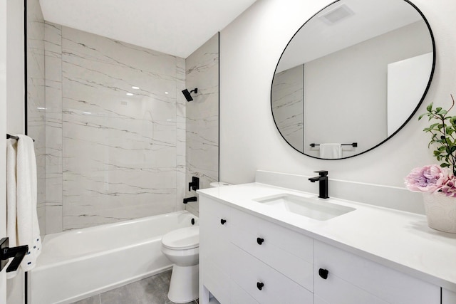 full bath featuring vanity, bathtub / shower combination, toilet, and wood finished floors