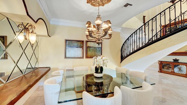 dining space with a chandelier, stairs, and crown molding