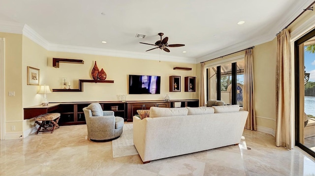 living room featuring light marble finish flooring, ornamental molding, a ceiling fan, baseboards, and recessed lighting