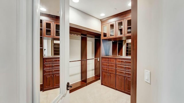 walk in closet with light colored carpet