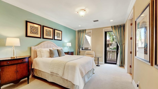 bedroom featuring access to exterior, ornamental molding, light carpet, baseboards, and recessed lighting