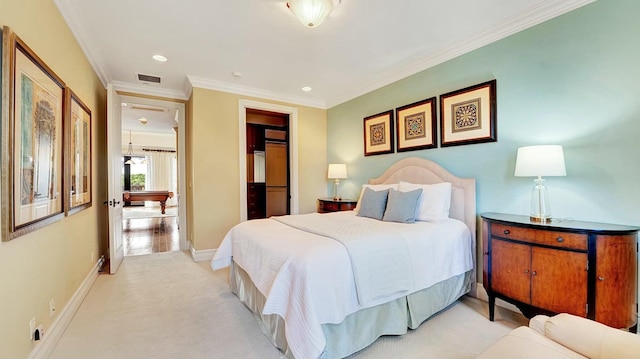 bedroom with crown molding, a closet, light colored carpet, baseboards, and recessed lighting