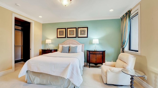 carpeted bedroom with baseboards, ornamental molding, and recessed lighting