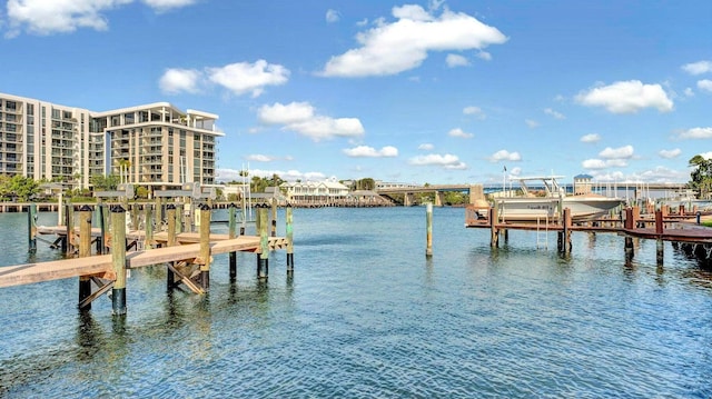 dock with boat lift and a water view