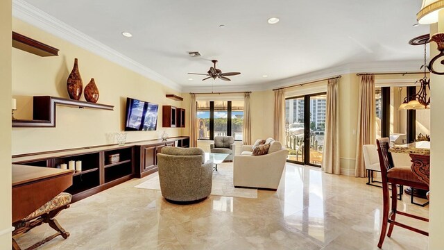 living room featuring ornamental molding, ceiling fan, light marble finish flooring, and recessed lighting