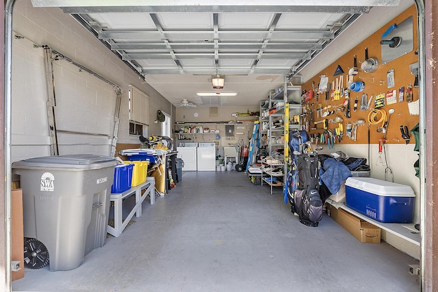 3839 Coco Loba Ln, Boynton Beach, FL 33436 - garage with washer and dryer, a garage door opener, and a workshop area