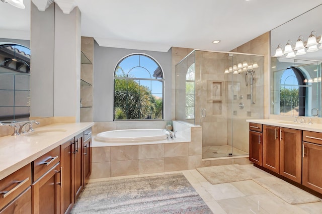 8979 Little Falls Way, Delray Beach, FL 33446 - full bath featuring two vanities, a shower stall, a bath, and recessed lighting
