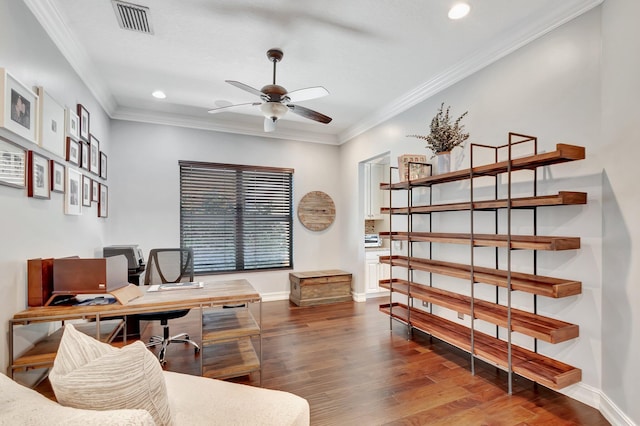 8979 Little Falls Way, Delray Beach, FL 33446 - office area with a ceiling fan, wood finished floors, recessed lighting, baseboards, and ornamental molding