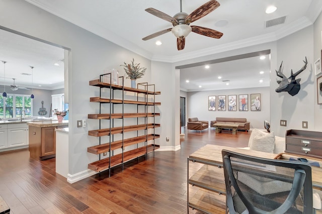 8979 Little Falls Way, Delray Beach, FL 33446 - living area featuring a ceiling fan, recessed lighting, dark wood finished floors, baseboards, and ornamental molding