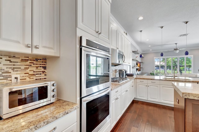 8979 Little Falls Way, Delray Beach, FL 33446 - kitchen with appliances with stainless steel finishes, a sink, a peninsula, dark wood finished floors, and a ceiling fan