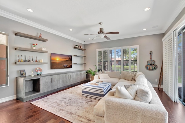 8979 Little Falls Way, Delray Beach, FL 33446 - living area featuring recessed lighting, dark wood-type flooring, baseboards, a ceiling fan, and ornamental molding