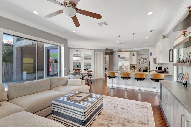 8979 Little Falls Way, Delray Beach, FL 33446 - living room with dark wood finished floors, a ceiling fan, and recessed lighting