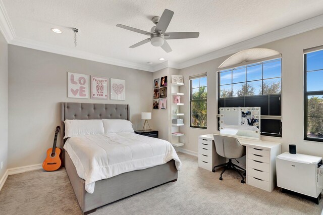 8979 Little Falls Way, Delray Beach, FL 33446 - bedroom featuring multiple windows, a desk, light carpet, crown molding, and recessed lighting