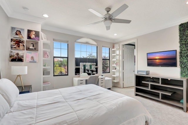 8979 Little Falls Way, Delray Beach, FL 33446 - bedroom with ornamental molding, light colored carpet, recessed lighting, connected bathroom, and a ceiling fan