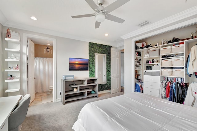 8979 Little Falls Way, Delray Beach, FL 33446 - bedroom featuring crown molding, recessed lighting, carpet flooring, a closet, and connected bathroom