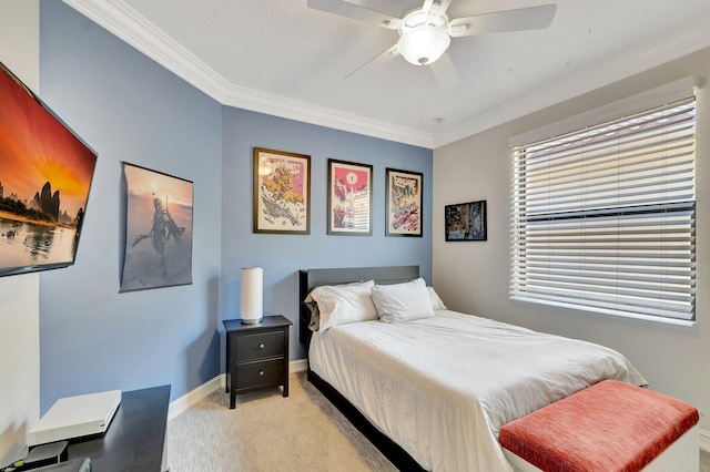 8979 Little Falls Way, Delray Beach, FL 33446 - bedroom with light colored carpet, crown molding, baseboards, and ceiling fan