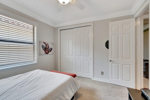 8979 Little Falls Way, Delray Beach, FL 33446 - carpeted bedroom featuring multiple windows, a closet, crown molding, and ceiling fan