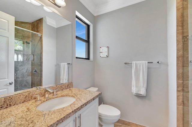 8979 Little Falls Way, Delray Beach, FL 33446 - full bathroom featuring crown molding, vanity, a shower stall, and toilet
