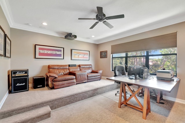 8979 Little Falls Way, Delray Beach, FL 33446 - home office with crown molding, carpet floors, a ceiling fan, recessed lighting, and baseboards