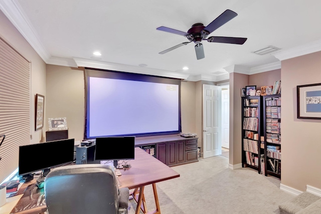 8979 Little Falls Way, Delray Beach, FL 33446 - office area featuring ornamental molding, a ceiling fan, baseboards, light colored carpet, and recessed lighting